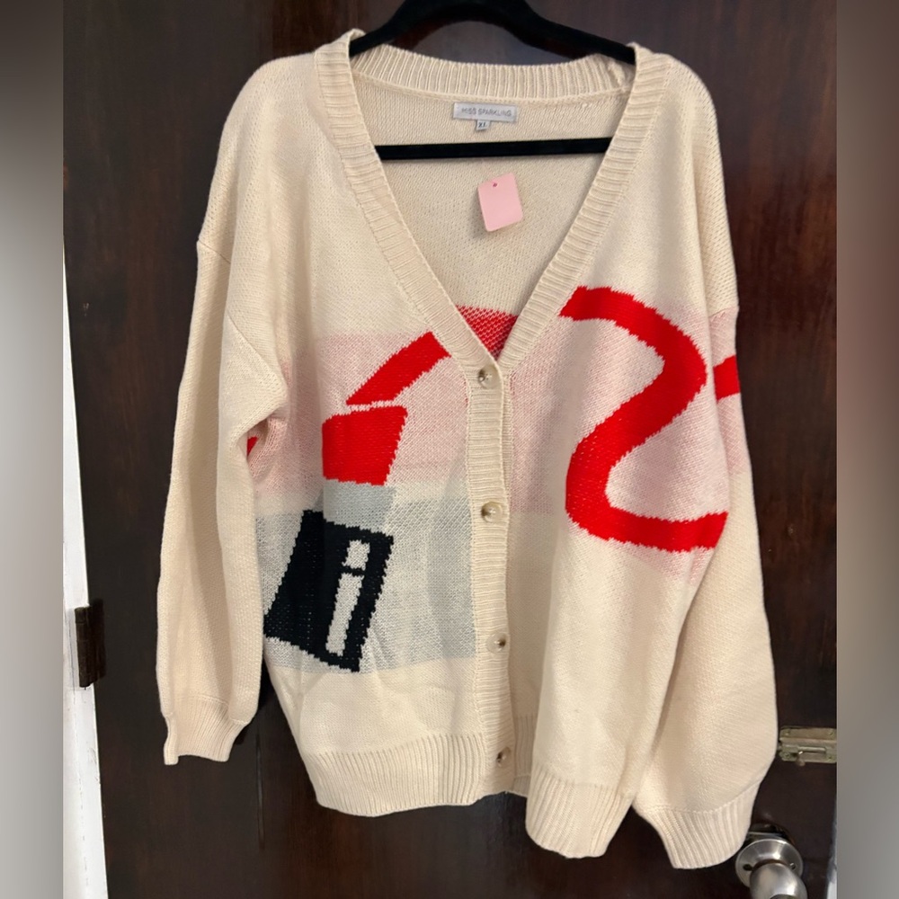 NWT Miss Sparkling Trendy Lipstick Graphic Cardigan. Available S, M, L.